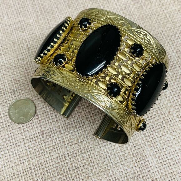 Gold and Black Stone Wide Cuff Bracelet - Picture 3 of 3
